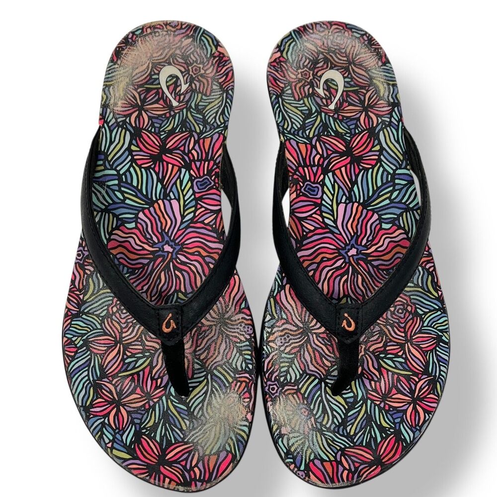 OluKai Black and Multicolor Floral Sandals
